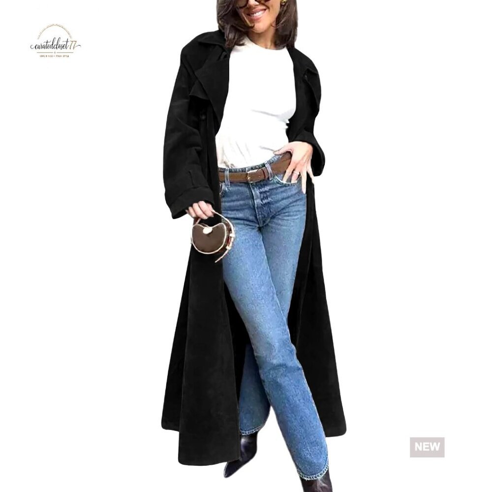 Faux Suede Trench Coat Double Breasted Maxi Overcoat Notched Lapel Belted